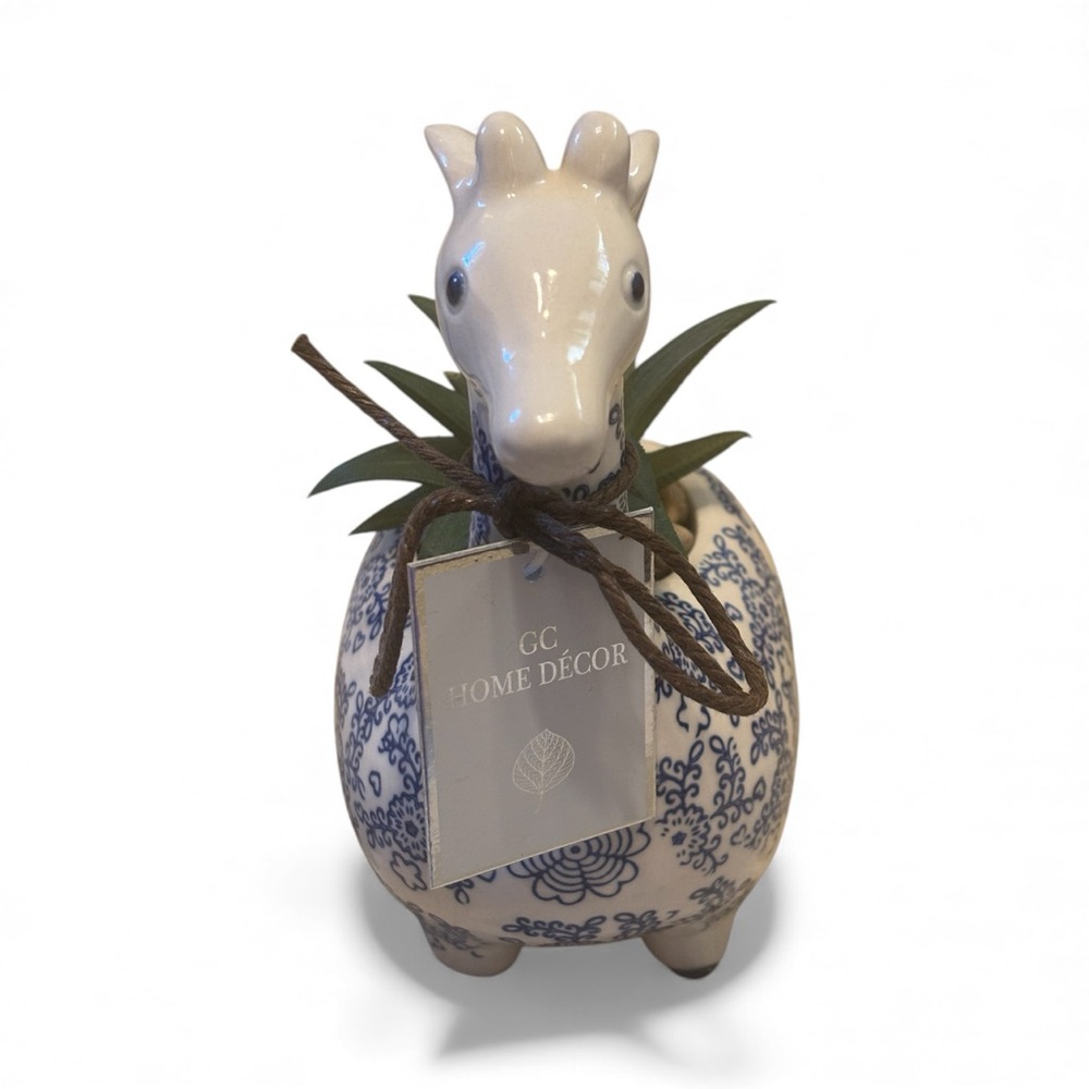 Blue and White Ceramic Giraffe Planter with faux succulent. NWT - Picture 3 of 5